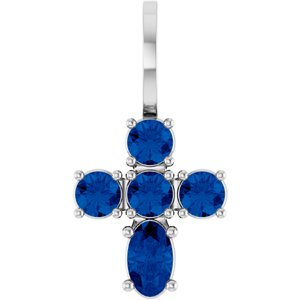 14K White Gold Lab-Grown Blue Sapphire Cross Charm/Pendant