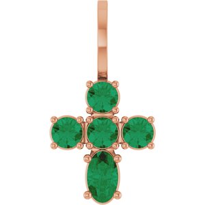 14K Rose Gold Lab-Grown Emerald Cross Charm/Pendant