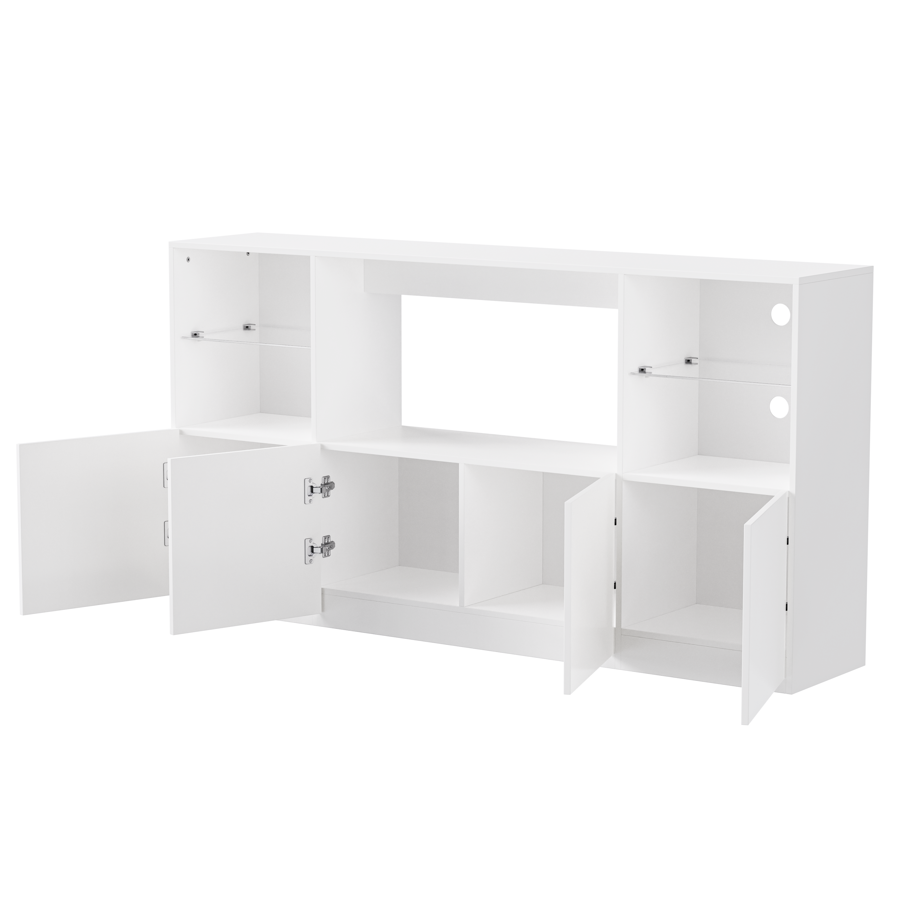 ON-TREND High Gloss TV Stand with LED Lights, Modern Sideboard with Large Storage Cabinet, Media Console with Tempered Glass Shelves for TVs up to 75', Living Room, White, 67'Wx13.7'D