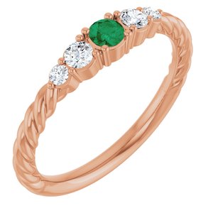 14K Rose Gold  Natural Emerald & 1/6 CTW Natural Diamond Stackable Family Ring