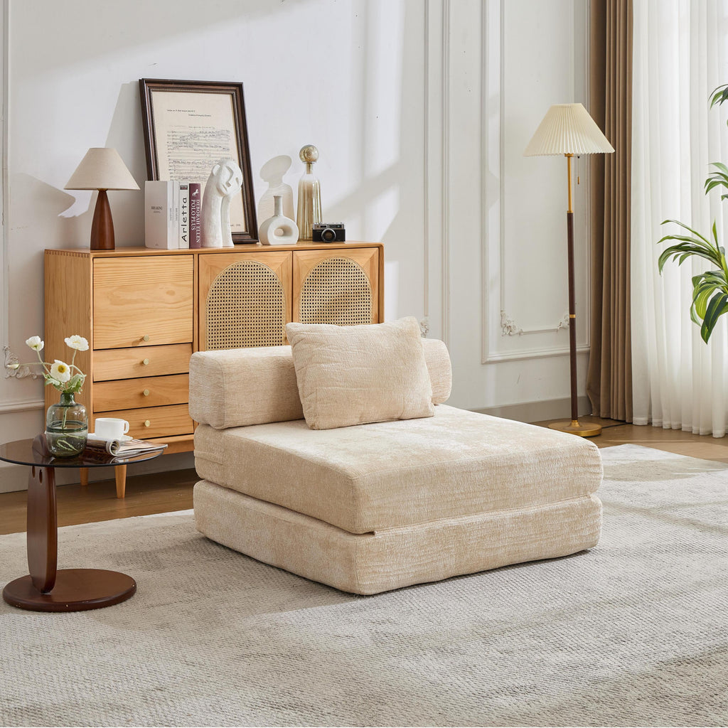 Compression Sofa,Convertible Floor Sofa Bed with Fixed-Shape Frame,Single Seater Boneless Modular Sectional Sofa,No Assembly Required,Chenille fabric,for Living Room Bedroom,Beige
