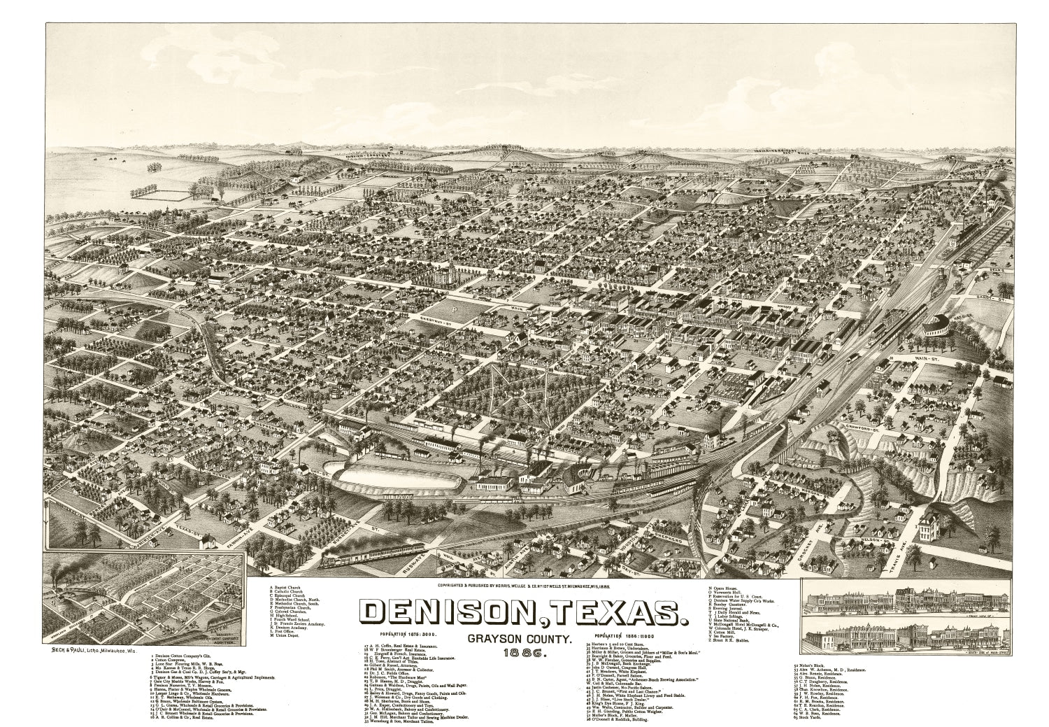 Vintage Map of Denison, Texas 1886