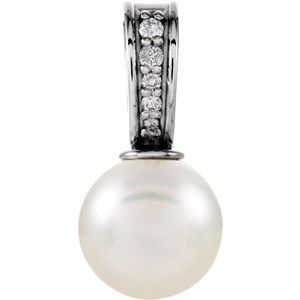 14K White Gold Cultured White Freshwater Pearl & .03 CTW Natural Diamond Pendant