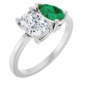 Sterling Silver 9/10 CT Lab-Grown Diamond & Lab-Grown Emerald Two Stone Ring