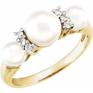 14K Yellow Gold Cultured White Freshwater Pearl & 1/10 CTW Natural Diamond Ring