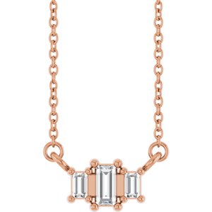 14K Rose Gold 4x2 mm Straight Baguette .08 CTW Lab-Grown Diamond Semi-Set Three-Stone Bar 18" Necklace – image 3