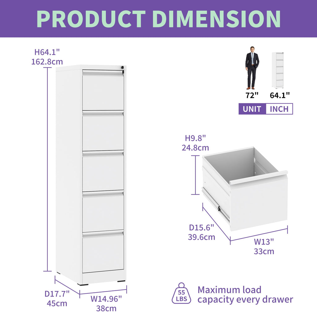 SteelCraft Pro 5 Drawer Metal Vertical File Cabinet with Lock in White for A4 Legal/Letter Size