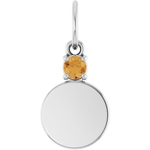10K White Gold Engravable Natural Citrine Round Pendant
