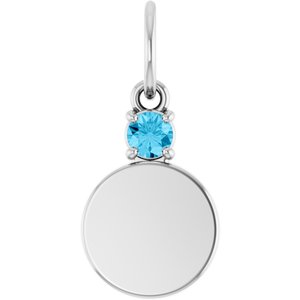 14K White Gold Engravable Natural Aquamarine Round Pendant