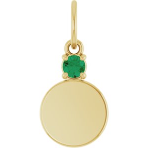 14K Yellow Gold Engravable Lab-Grown Emerald Round Pendant