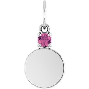 Sterling Silver Engravable Natural Pink Tourmaline Round Pendant