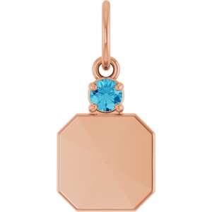 14K Rose Gold Engravable Natural Blue Zircon Square Pendant