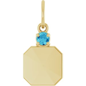 14K Yellow Gold Engravable Natural Blue Zircon Square Pendant