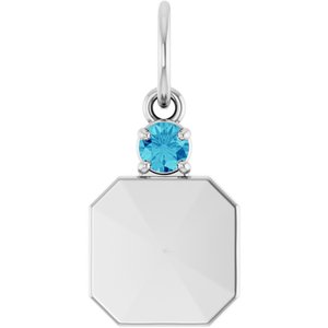 10K White Gold Engravable Natural Blue Zircon Square Pendant