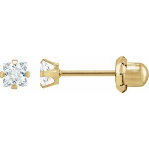 14K Yellow Gold 3 mm Square Imitation White Cubic Zirconia Piercing Stud Earrings