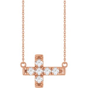 14K Rose Gold 3.2 mm Round Accented Sideways Cross 18" Necklace
