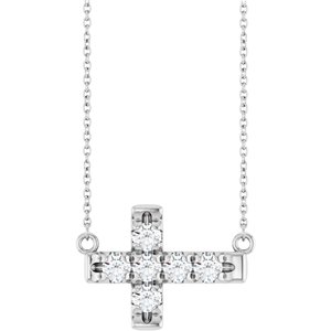 Platinum 3.2 mm Round Accented Sideways Cross 18" Necklace