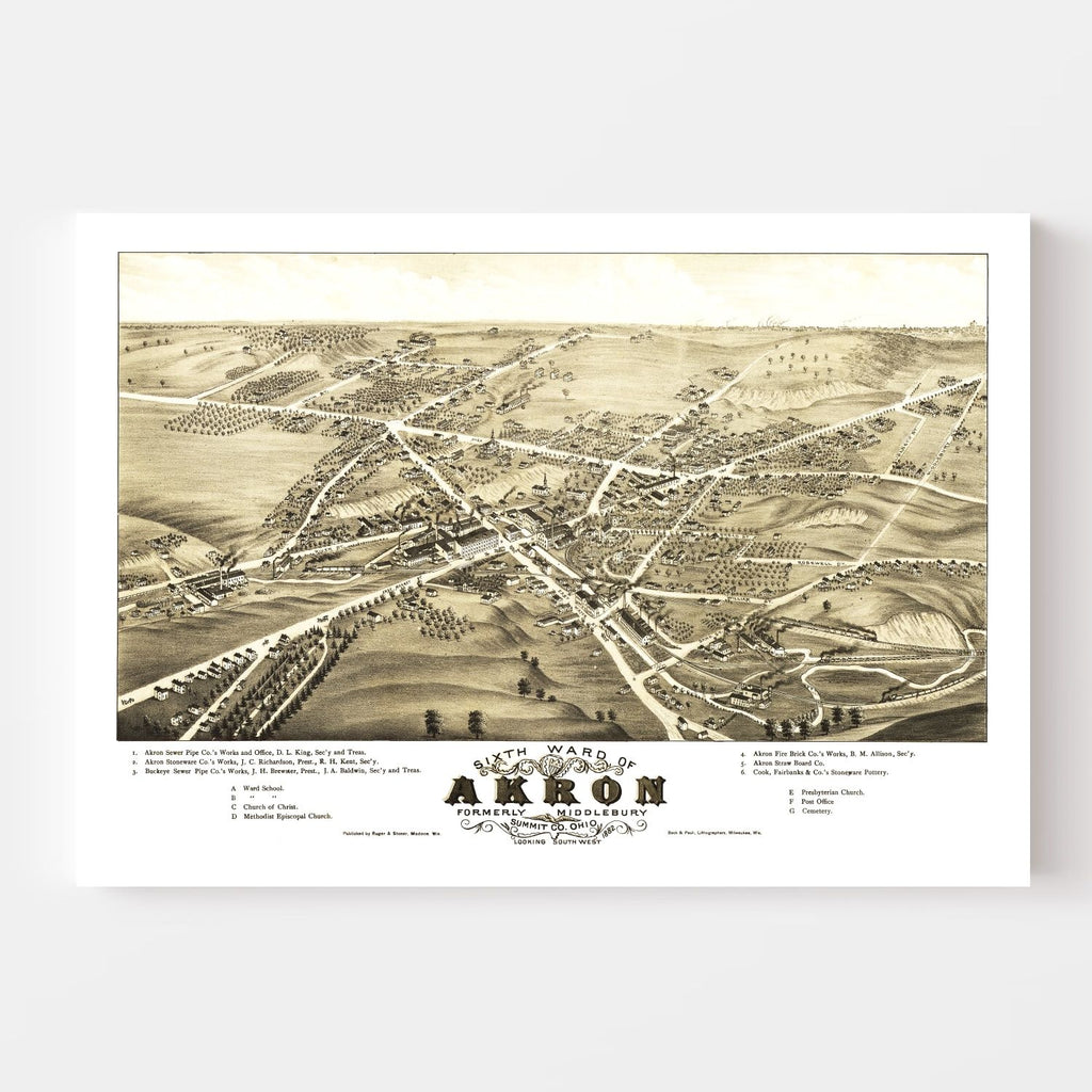 Vintage Map of Akron, Ohio 1882