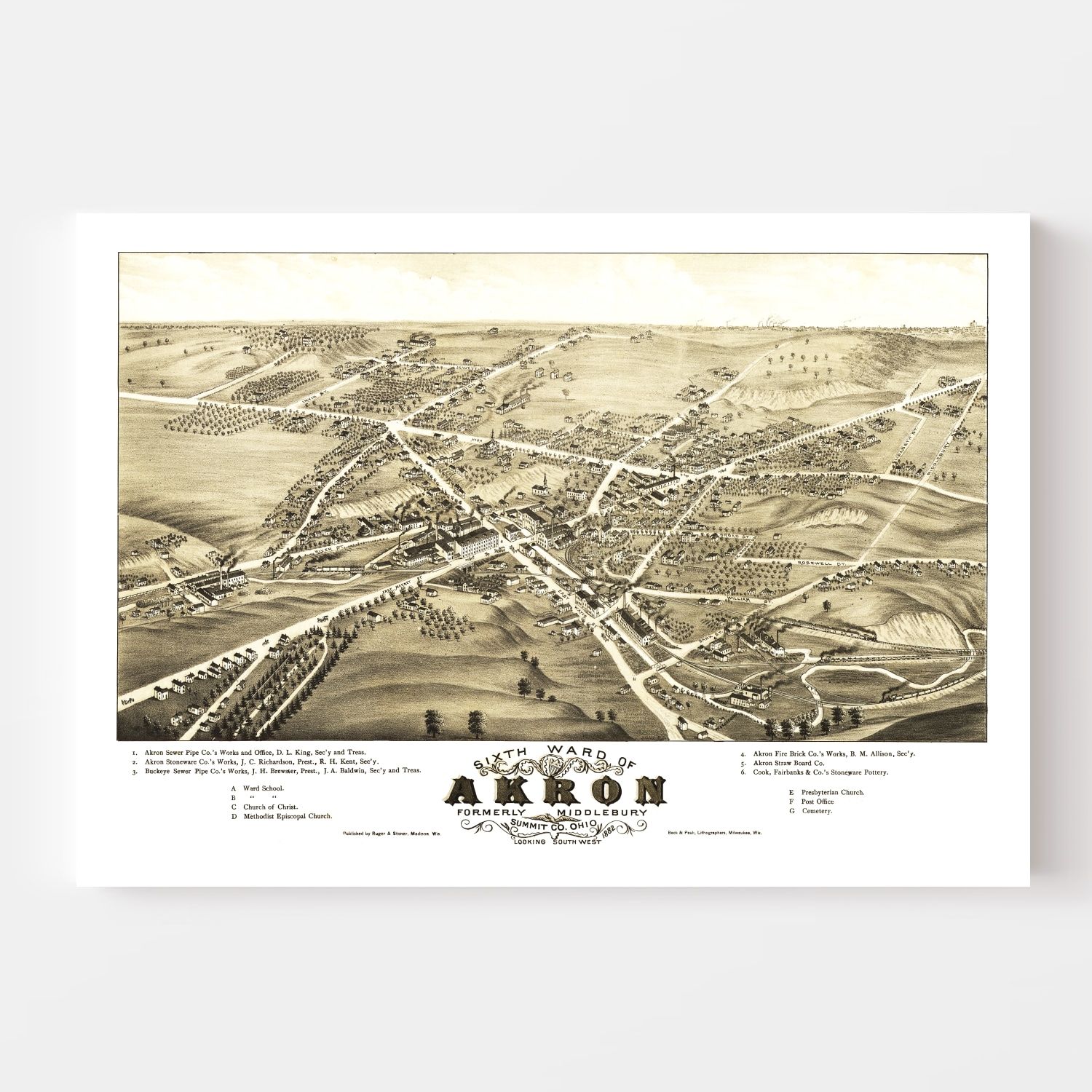 Vintage Map of Akron, Ohio 1882