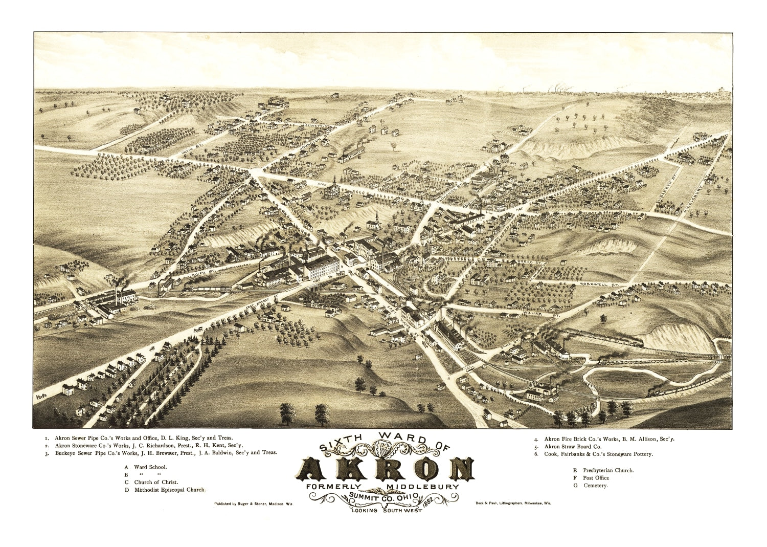 Vintage Map of Akron, Ohio 1882