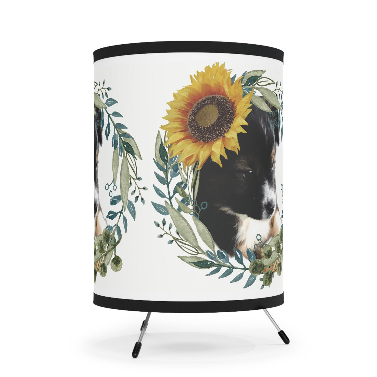 Cute Black Puppy with Sunflower Hat Tripod Lamp Printed Shade