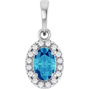 14K White Gold Natural Blue Zircon & .06 CTW Natural Diamond French-Set Halo-Style Pendant