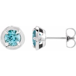 14K White Gold Natural Blue Zircon Stud Earrings