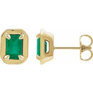 14K Yellow Gold Lab-Grown Emerald Stud Earrings