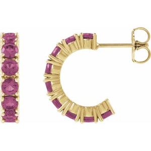14K Yellow Gold Natural Pink Tourmaline 16.1 mm Hoop Earrings