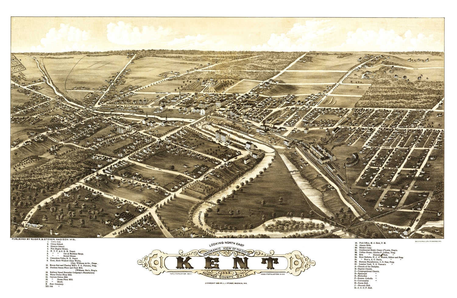 Vintage Map of Kent, Ohio 1882
