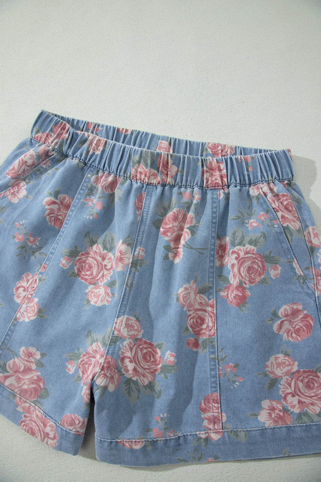 Floral Denim Short Sleeve Top & Loose Shorts Set