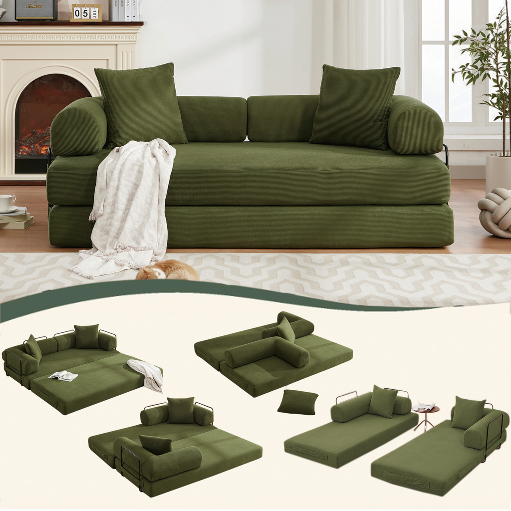 [NEW ARRIVED] [VIDEO PROVIDED] 78.5' Folding Convertible Out Sleeper Sofa Bed,4-in-1 DIY Combination Convertible  Sofa, 3 seat, Folding Sleeper Sofa, King Size , Bedroom,Apartment,Corduroy,Green
