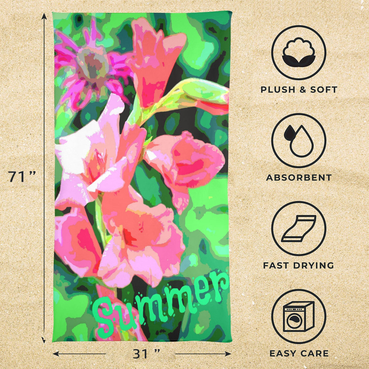 Pink Gladiolas in Summer Beach Towel 31" x 71" ( Made in USA)