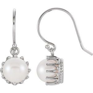 14K White Gold Cultured White Freshwater Pearl Crown Earrings