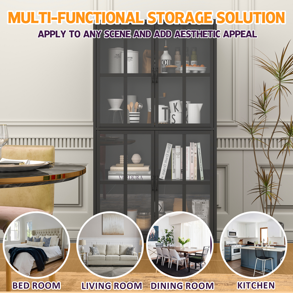 Premium Black Metal Storage Cabinet with Tempered Glass Doors, Adjustable Shelves, and Anti-Tipping Device