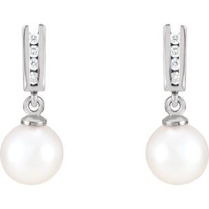 14K White Gold Cultured White Akoya Pearl & 1/10 CTW Natural Diamond Earrings