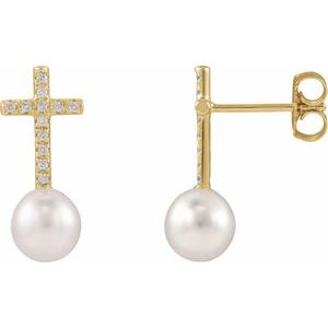 14K Yellow Gold Cultured White Freshwater Pearl & 1/8 CTW Natural Diamond Cross Earrings