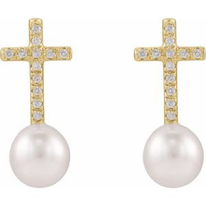 14K Yellow Gold Cultured White Freshwater Pearl & 1/8 CTW Natural Diamond Cross Earrings – image 2