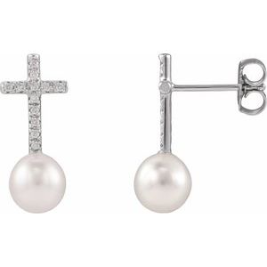 14K White Gold Cultured White Freshwater Pearl & 1/8 CTW Natural Diamond Cross Earrings