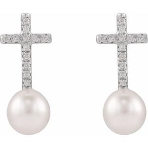 14K White Gold Cultured White Freshwater Pearl & 1/8 CTW Natural Diamond Cross Earrings – image 2