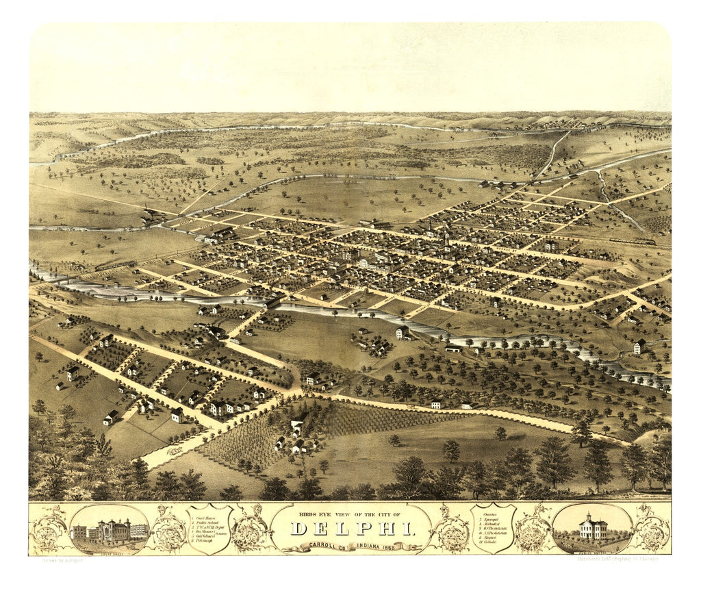 Vintage Map of Delphi, Indiana 1868