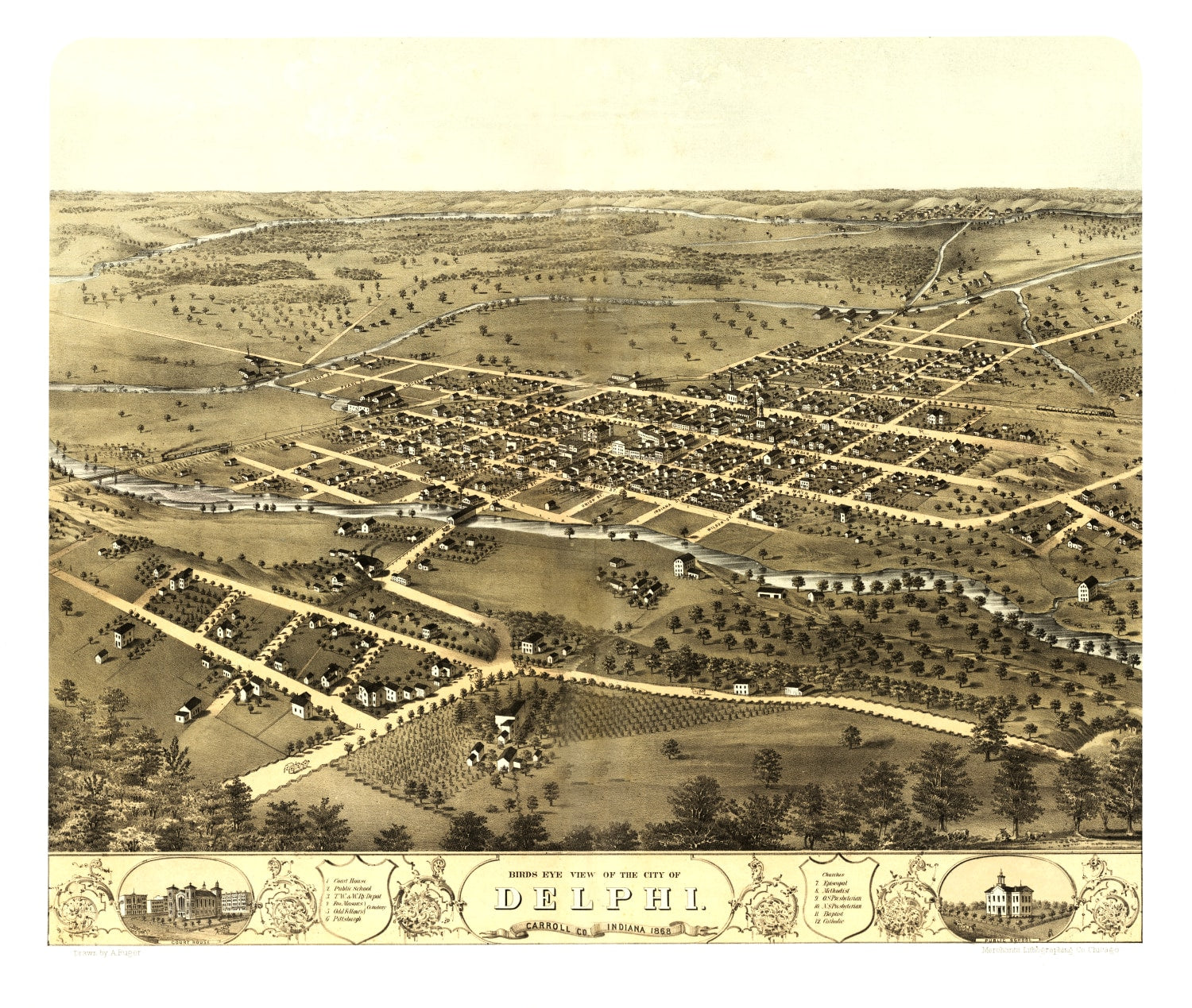 Vintage Map of Delphi, Indiana 1868