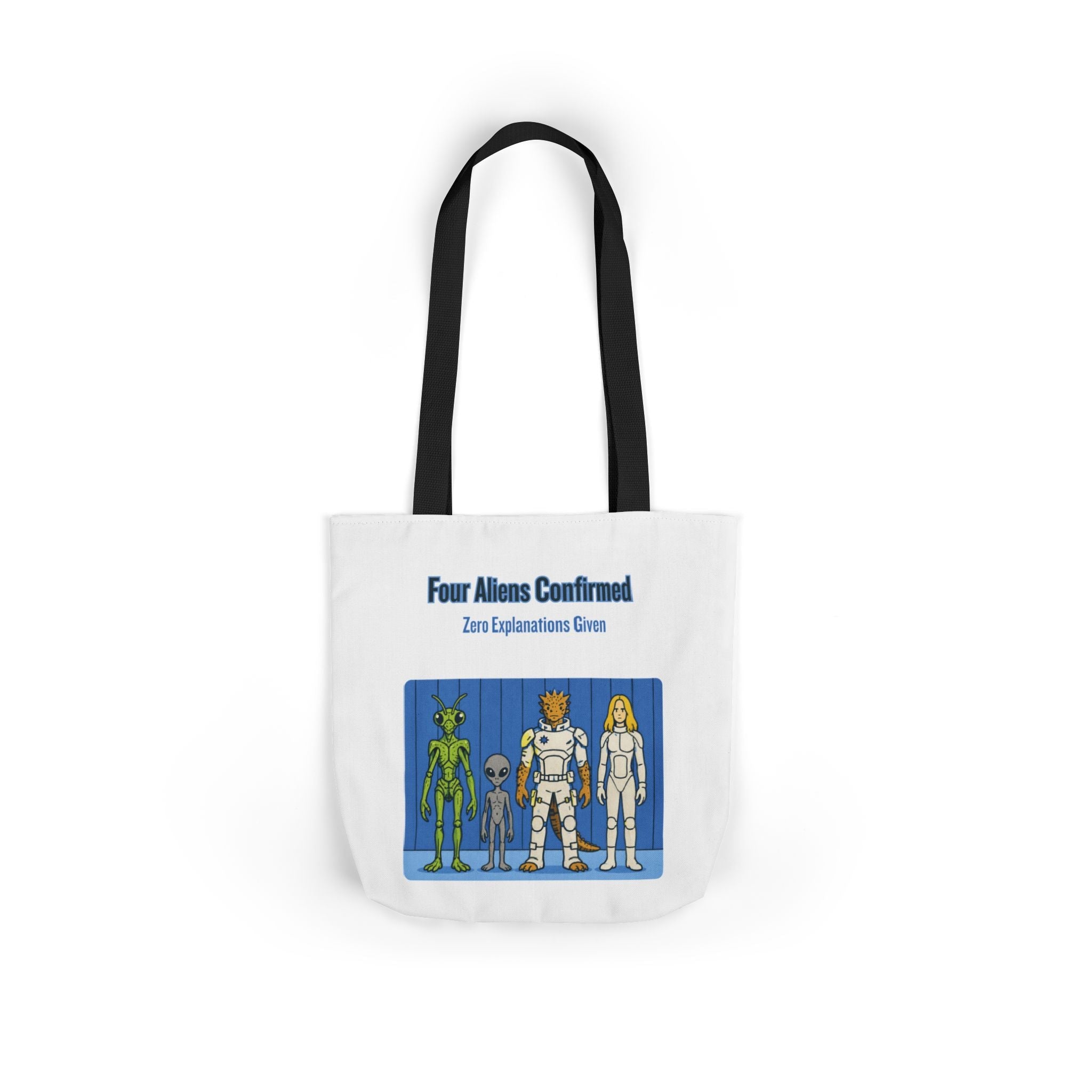 "Four Aliens Confirmed" Sci‑Fi Canvas Tote