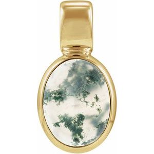 14K Yellow Gold Natural Moss Agate Cabochon Pendant