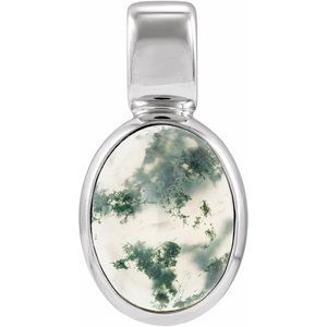 14K White Gold Natural Moss Agate Cabochon Pendant