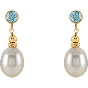 14K Yellow Gold Cultured White Freshwater Pearl & Natural Swiss Blue Topaz Earrings