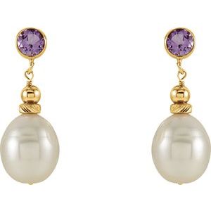 14K Yellow Gold Cultured White Freshwater Pearl & Natural Amethyst Earrings