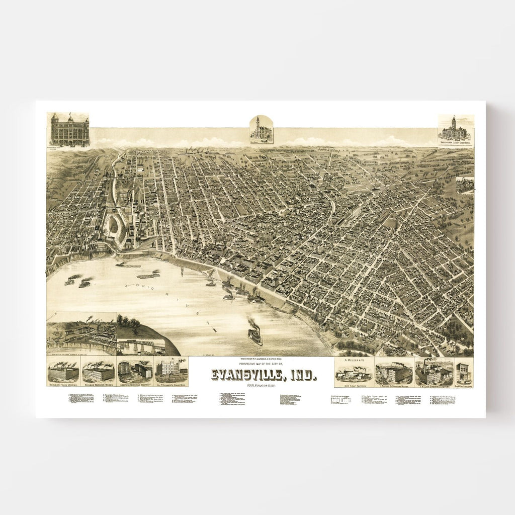 Vintage Map of Evansville, Indiana 1888