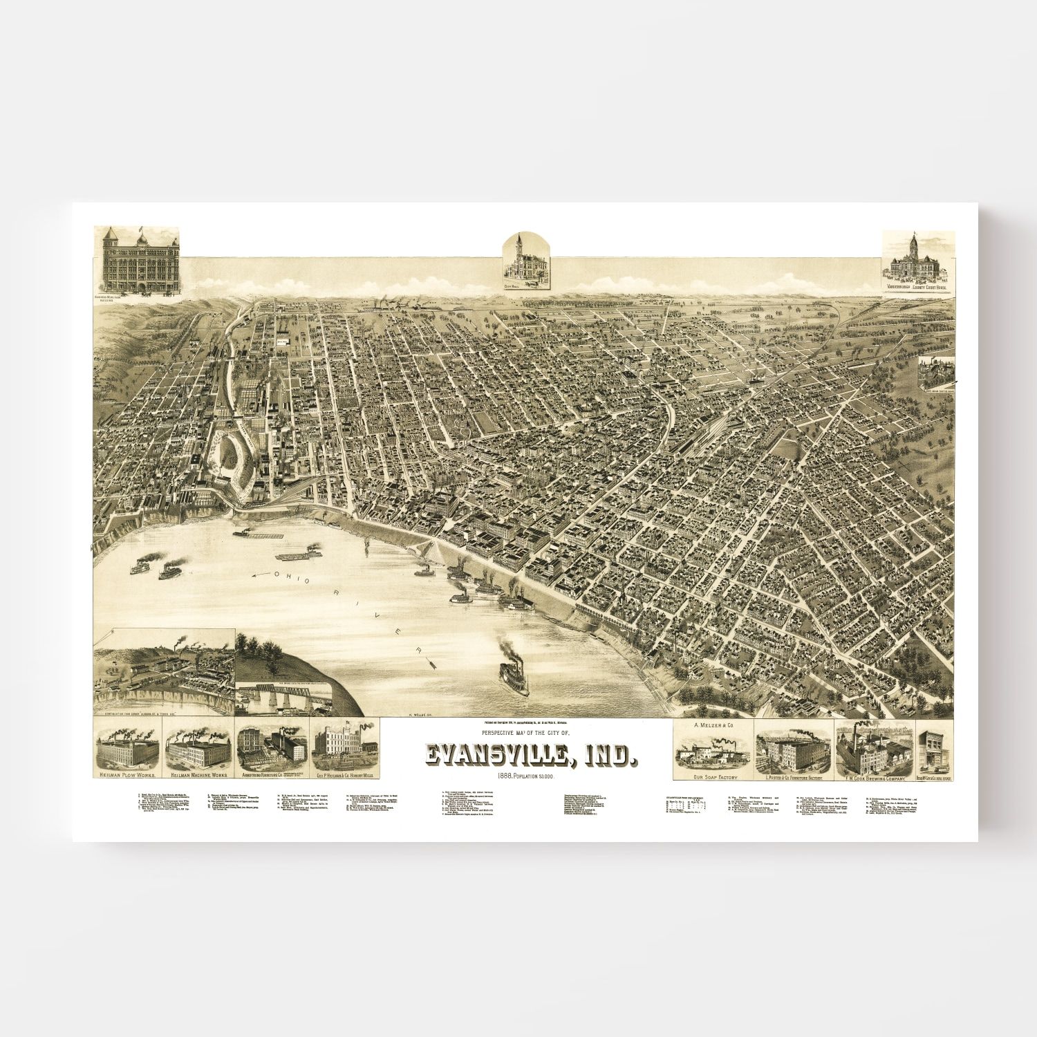 Vintage Map of Evansville, Indiana 1888
