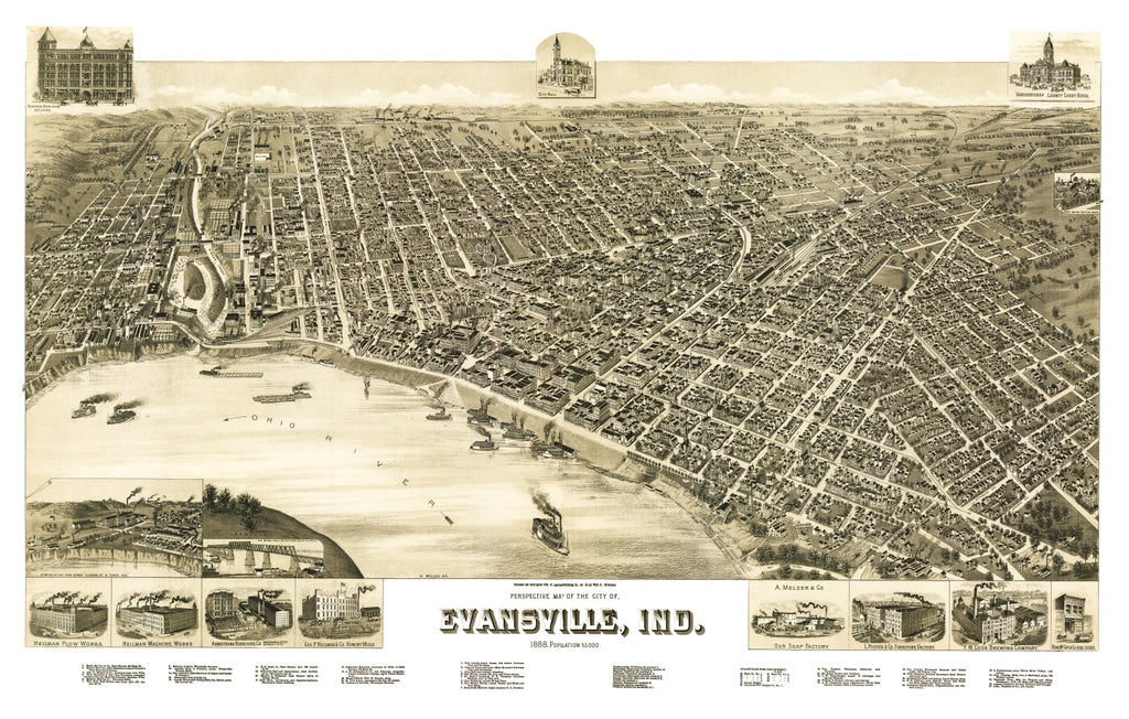 Vintage Map of Evansville, Indiana 1888